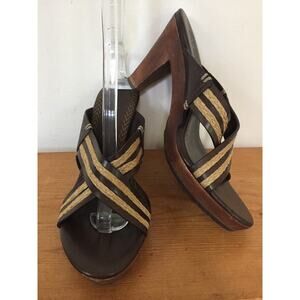 Cole Haan Leather Jute Criss Cross Solid Wood High Heel Strappy Sandals 9.5B 40